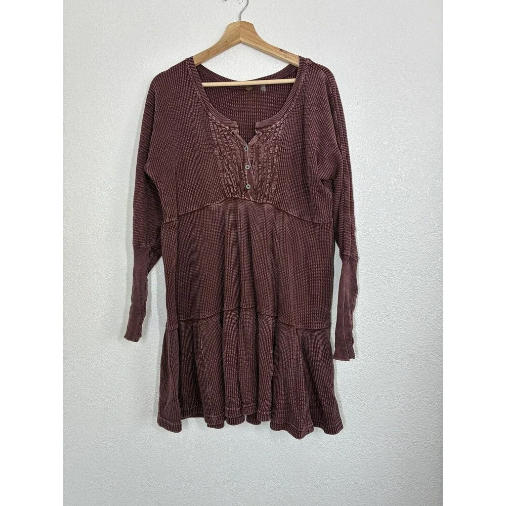 Free People Jolene Dress Womens Small Red Thermal Henley Trapeze Tunic Mini